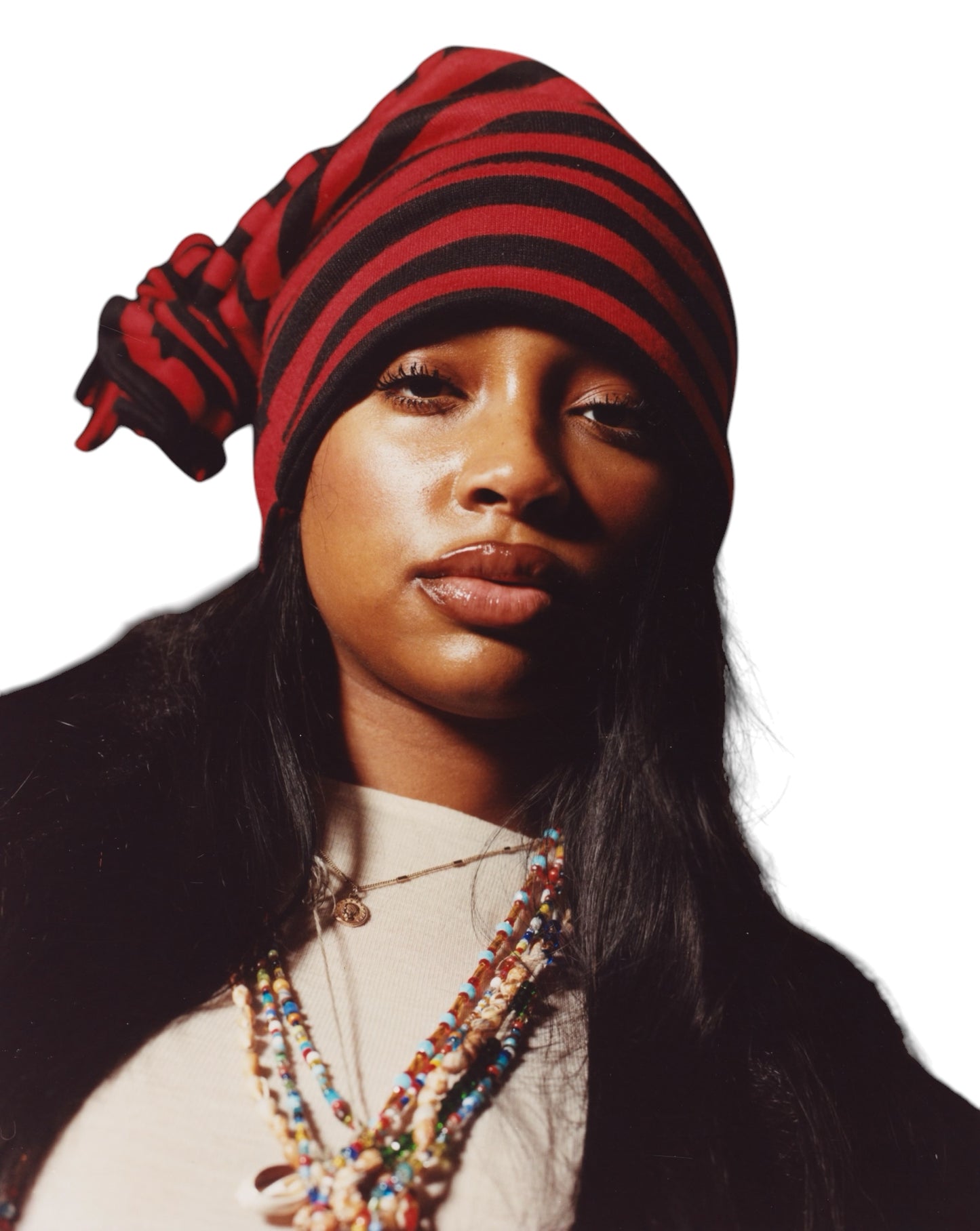 STRIPED TIE BEANIE (KNIT) BLACK/RED